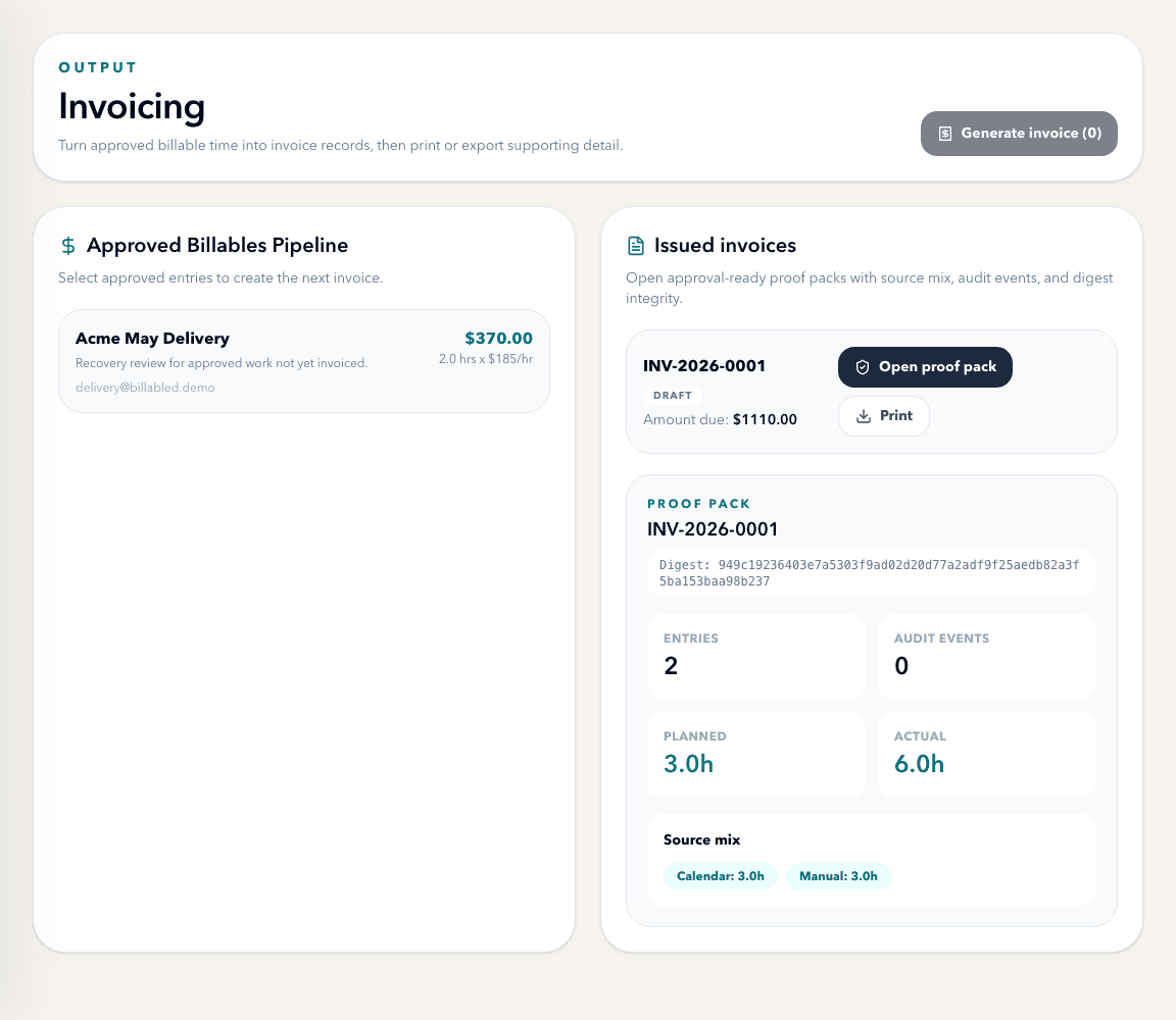 SOWLedger invoice proof pack screenshot showing issued invoices, digest, source mix, and planned vs actual hours.